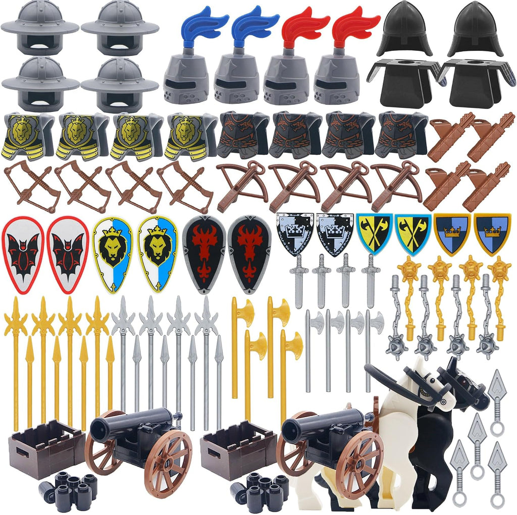 BroTex Knights People Accessories Building Block - Medieval Weapon Armor Swords Helmet Horse, Castle Knight Shield Spear
