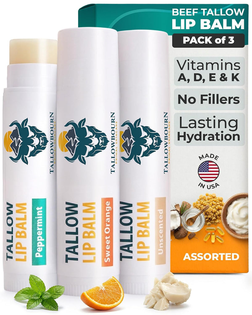 Tallowbourn Moisturizing Grass-Fed Beef Tallow Lip Balm 3pk – Assorted