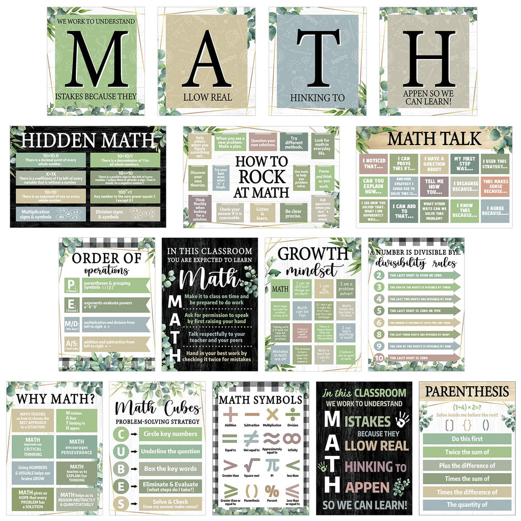 OBUSATT 16PCS Math Posters for Classroom Math Bulletin Board Set Greenery Mathematics Knowledge Paster Classroom Decorat