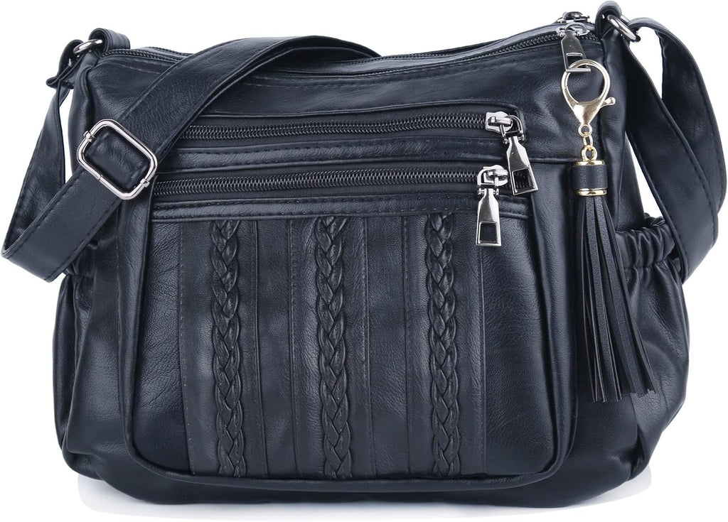 ELDA Purses for Women Pocketbooks Soft PU Leather Ladies Crossbody Purse Multi Pocket Shoulder Bag (Black)