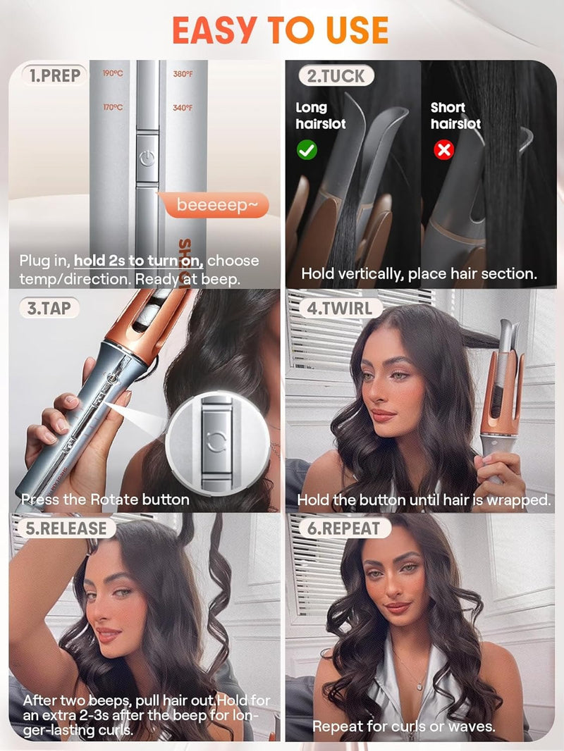 Rizador automático SHEGLAM de 3,17 cm con 3 temperaturas, calentamiento rápido, rotación bidireccional, protección anti-quemaduras, anti-enredos, apagado automático para peinar el cabello.