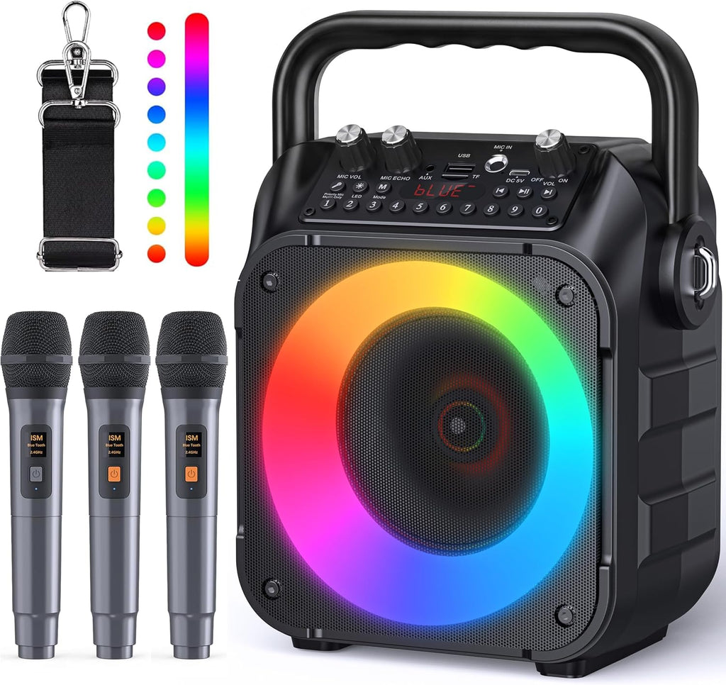 CYY Karaoke Machine, 3 Wireless Microphones, Bluetooth Speaker with Lights