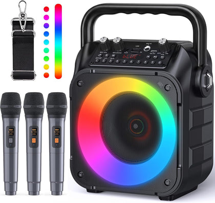 CYY Karaoke Machine, 3 Wireless Microphones, Bluetooth Speaker with Lights