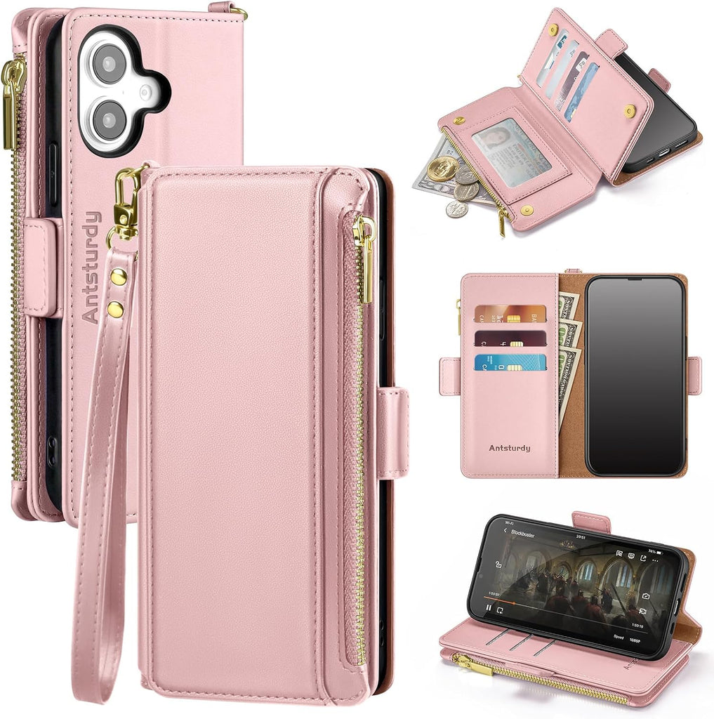 Antsturdy for iPhone 16 Phone Wallet Case Women,Pink