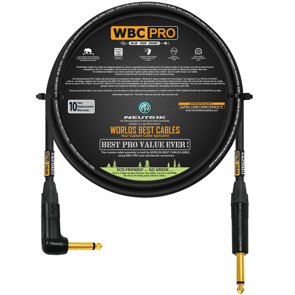 4 Foot - WBC-PRO-Guitar – 20 AWG - Low-Cap (18pF/ft) – Pro-Grade – Graphite-Based - Dual-Shielded Guitar, Bass, Instrument Cable with Neutrik Straight to Angled ¼ Inch (6.35mm) Gold TS Connectors