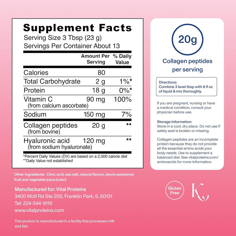 Vital Proteins Péptidos de colágeno avanzados, péptidos hidrolizados con ácido hialurónico y vitamina C - Polvo de sabor a limón y fresa, 10.5 onzas