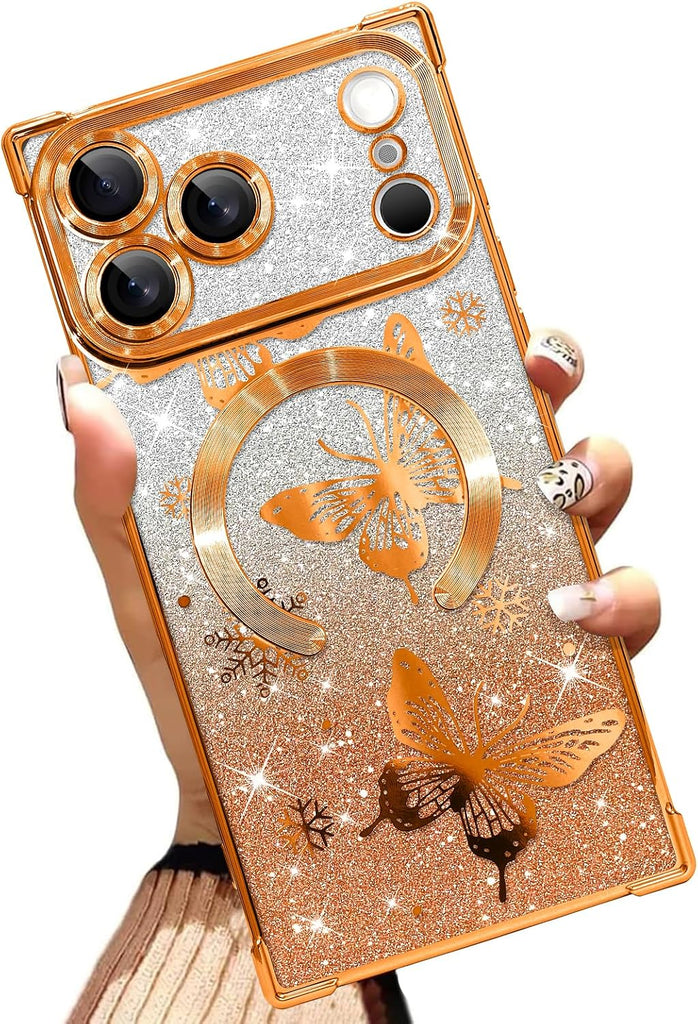Illians Glitter Phone Case Made for iPhone 17 Pro 6.3 in, Orange Butterfly