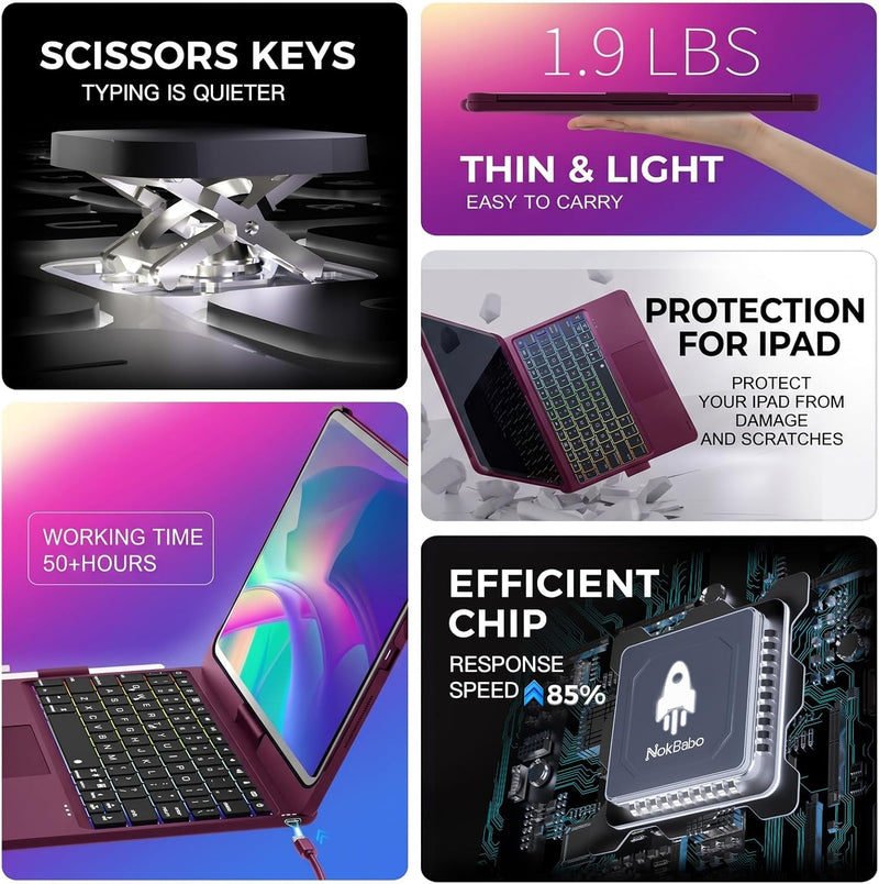 Funda con Teclado NOKBABO para iPad 10/11 (A16) y Air 11" (M4/M3/M2) - Frambuesa