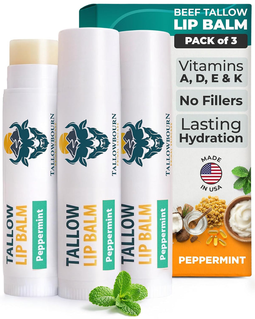 Tallowbourn Moisturizing Grass-Fed Beef Tallow Lip Balm 3pk – Peppermint
