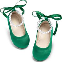 PHIRAMIN Toddler Flower Girl Satin Green Dress Shoes - Little Girl Ballet Flats Size 6 Pearl Wedding Party