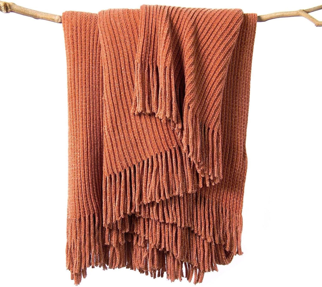 lifein Throw Blanket for Couch, Soft Boho Decor Bed Throw,Cozy Burnt Orange Chenille Knitted Small Farmhouse Lightweight