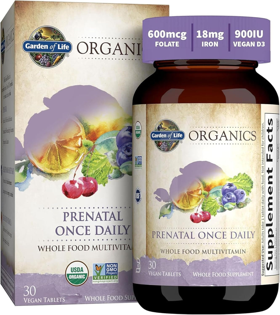 Garden of Life Organics Vitamina prenatal: Ácido fólico para energía y desarrollo fetal saludable, hierro sin estreñimiento, vitamina C, B6, B12, D3 – Orgánico, sin transgénicos, sin gluten, vegano
