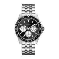 Reloj analógico GUESS para hombre con correa de acero, esfera negra y funciones de cronógrafo internacional