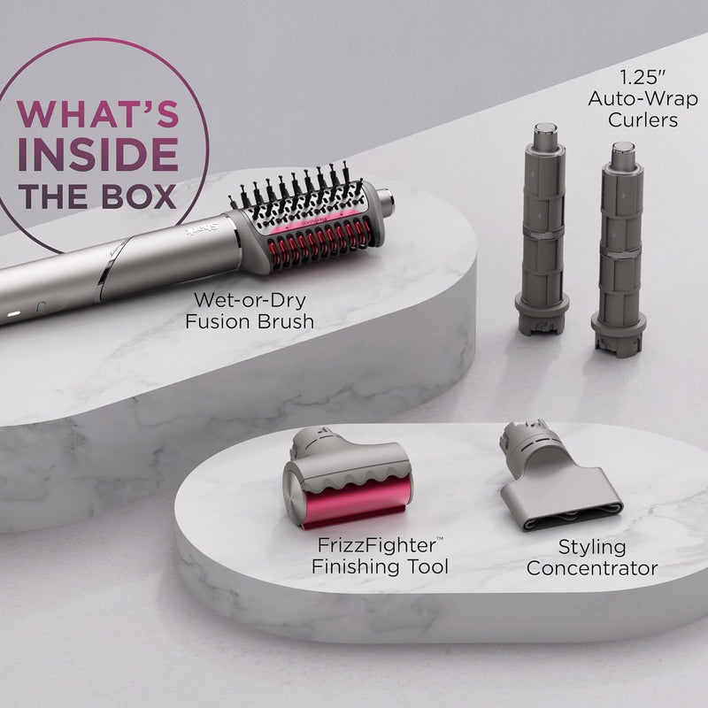 Shark Secador de pelo Shark FlexFusion con cepillo de pelo Fusion, moldeador de aire cerámico con rizadores de pelo auto-enrollables y concentrador, placas cerámicas, Metallic Mist HD641 ⚠️ Versión 12
