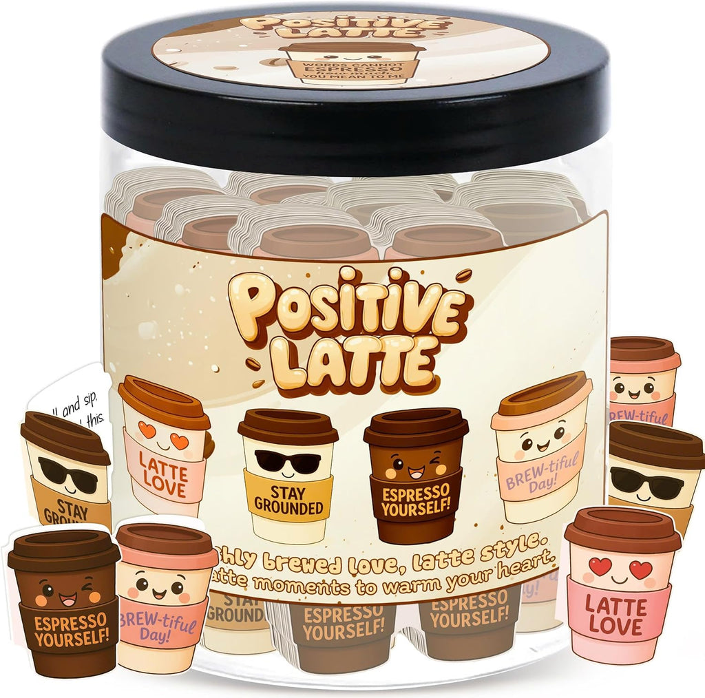 Positive Latte Jar with 60 Affirmation Cards, Emotional Support Latte Coffee, Funny Christmas Coffee Lover Themed Gift for Women, Men, Wife, Husband, Mom, Dad, Friends, Coworkers