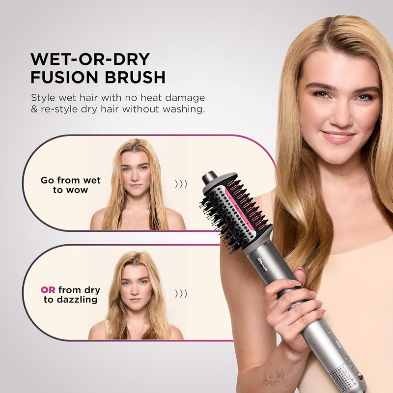 Shark Secador de pelo Shark FlexFusion con cepillo de pelo Fusion, moldeador de aire cerámico con rizadores de pelo auto-enrollables y concentrador, placas cerámicas, Metallic Mist HD641 ⚠️ Versión 12