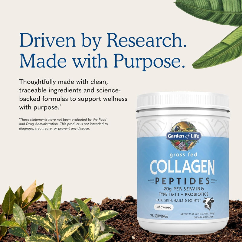 Garden of Life - Péptidos de colágeno en polvo a base de pasto – Polvo de colágeno insípido para mujeres hombres cabello piel uñas articulaciones, suplementos de proteína de colágeno hidrolizado, post