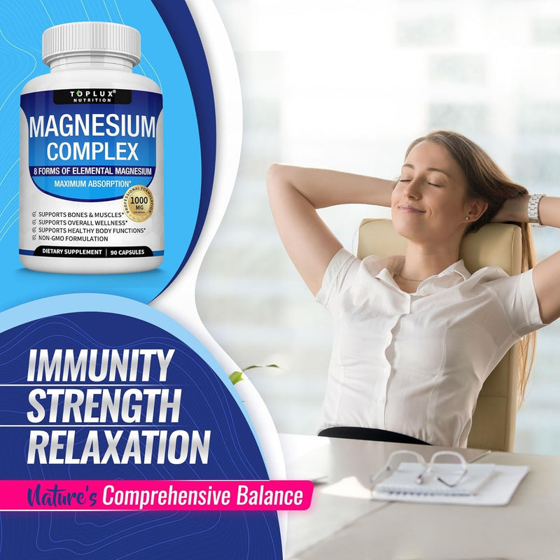 Toplux Complejo de magnesio Suplemento 8 Elemental 1000mg - Glicinato de magnesio, citrato, malato, taurato, quelado para una fácil absorción para huesos, músculos, recuperación, energía, vegano sin O