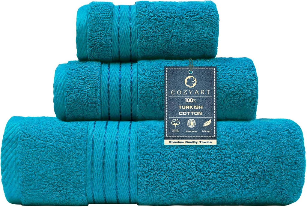 COZYART Luxury Bath Towel Set 3 PCS, Teal 100% Turkish Cotton 650 GSM