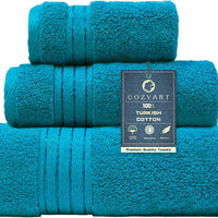 COZYART Luxury Bath Towel Set 3 PCS, Teal 100% Turkish Cotton 650 GSM