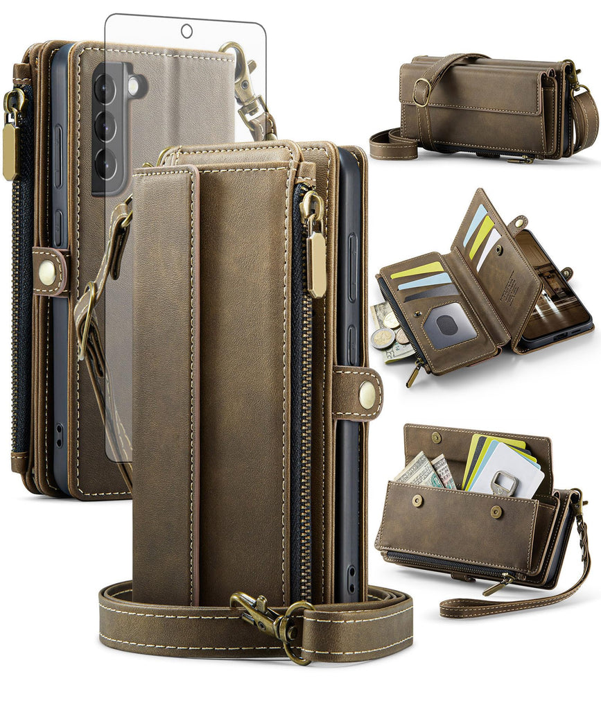 Phone Case for Samsung Galaxy S21 FE 5G Zipper Wallet Cover with Screen Protector and Crossbody Lanyard Strap Flip RFID
