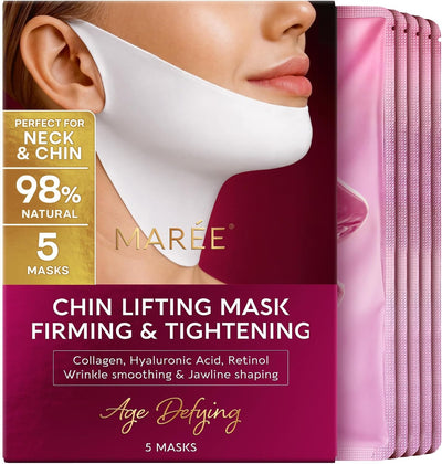 MAREE Máscara de elevación en V – Cinta de elevación de cuello antienvejecimiento y correa de barbilla para dormir – Parche de arrugas para el cuello y reductor de doble barbilla para estiramiento