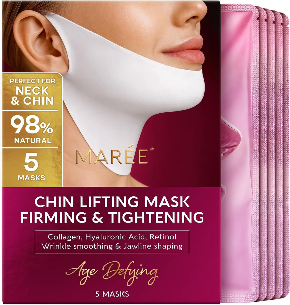 MAREE Máscara de elevación en V – Cinta de elevación de cuello antienvejecimiento y correa de barbilla para dormir – Parche de arrugas para el cuello y reductor de doble barbilla para estiramiento