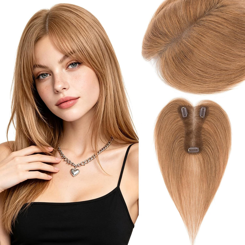 Hairro Hair Toppers For Women Real Human Hair Short Topper Hair Pieces For Thinning Hair Light Brown Wiglet No Bang Midd