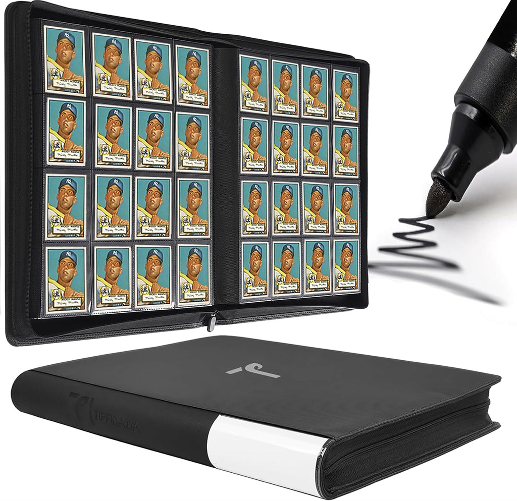 TIFFDADA Trading Card Binder 16 Pocket, Holds 1600+ Cards, Ringless 50 Double-Sided Sleeves, Spine Label with Maker Pen,