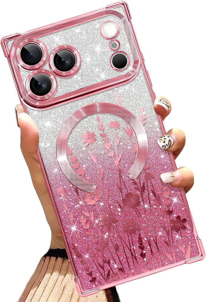 Illians Glitter Phone Case Made for iPhone 17 Pro Max 6.9 in, Pink Flowers