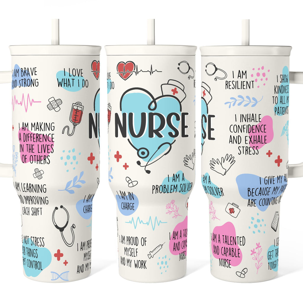 Nurse Tumbler with Handle 40oz, Coffee Travel Mug with Straw, Inspiration Gifts for Women Female Nurses, Nursing Gift fo
