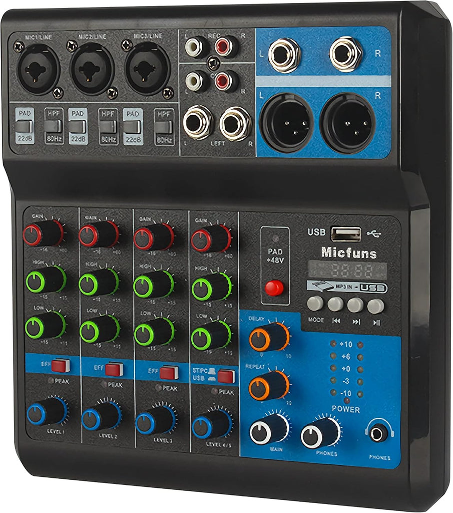 Mini audio DJ mixer Sound Board Console System,5 Channel 48V Phantom Power with Bluetooth USB MP3 Stereo live DJ Studio