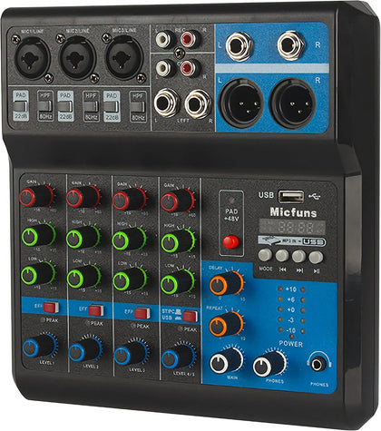 Mini audio DJ mixer Sound Board Console System,5 Channel 48V Phantom Power with Bluetooth USB MP3 Stereo live DJ Studio