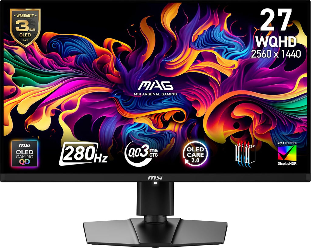 msi, MAG 271QP QD-OLED X28, 27-Inch, WQHD, 2560x1440, Gaming Monitor, Quantum Dot OLED Panel, 280Hz, 0.03ms, DisplayHDR True Black 400, HDMI 2.1, DP 1.4a, USB C (15WPD), Tilt/Height Adjustable, Black