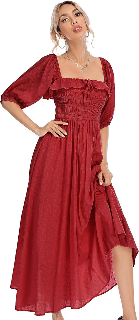 R.Vivimos Women Summer Half Sleeve Cotton Ruffled Vintage Elegant Backless A Line Flowy Long Dresses (Medium, Burgundy-1