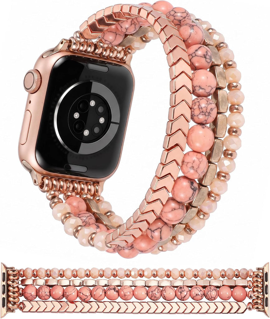 Moolia Beaded Band Compatible with Apple Watch Women 38-42mm, Pink Sands