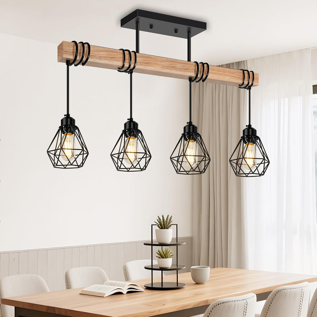 Feanron 4-Lights Farmhouse Wood Kitchen Island Lighting, 23.6'' Dining Room Light Fixtures Chandelier Over Table, Rustic