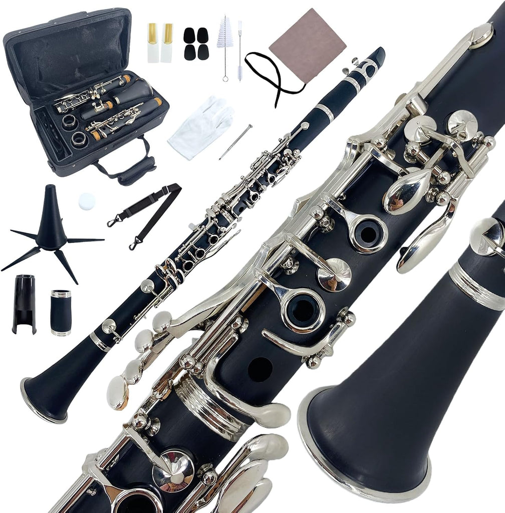YoungMonic Bb Clarinet Black Ebonite Body Nickel-Plated Keys Wood Clarinets Complete Beginner Kit with Hard Bag & Care T