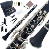 YoungMonic Bb Clarinet Black Ebonite Body Nickel-Plated Keys Wood Clarinets Complete Beginner Kit with Hard Bag & Care T