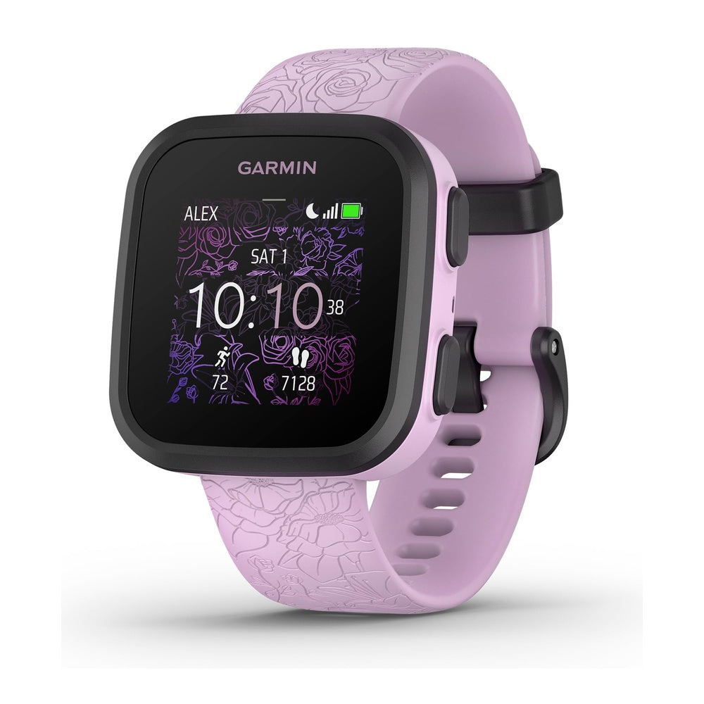 Reloj inteligente Garmin Bounce para niños con texto bidireccional, mensajes de voz y seguimiento de ubicación, lila floral