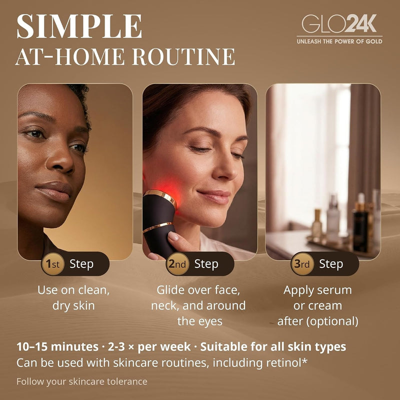 GLO24K UNLEASH THE POWER OF GOLD GLO24K - Dispositivo de belleza de luz roja para cara y cuello, masajeador facial y cuello 3 en 1 con triple LED y tecnología de vibración avanzada
