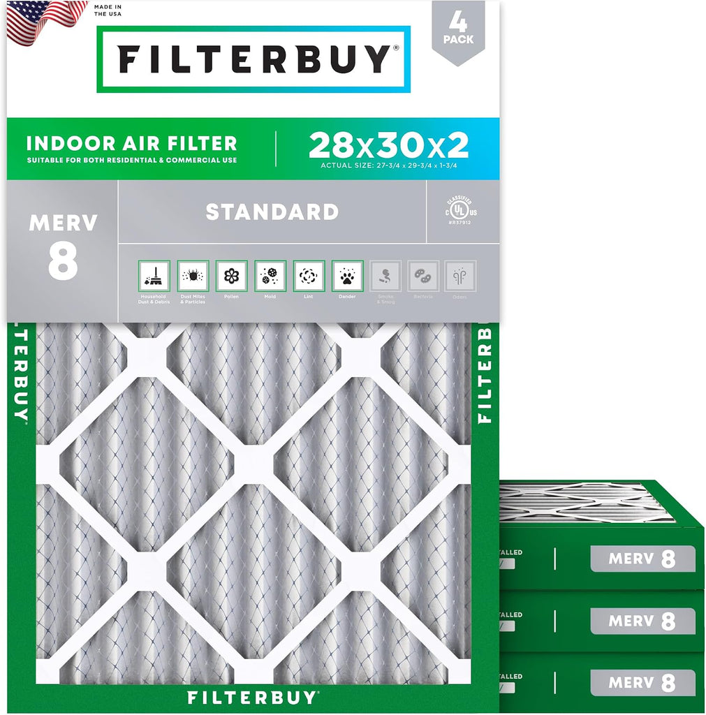 Filterbuy 28x30x2 Air Filter MERV 8 Dust & Allergy Defense (4-Pack)