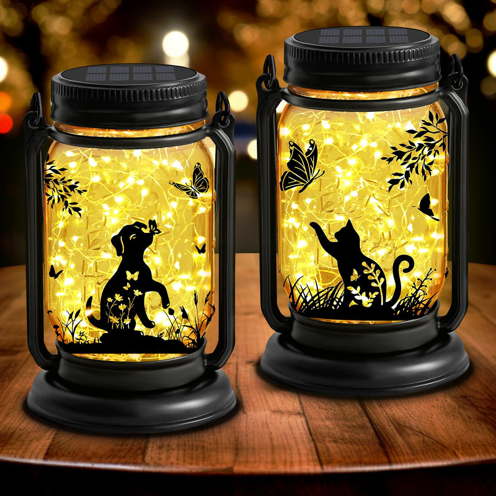 2 Pack Outdoor Hanging Solar Lantern, Cat & Dog Butterfly Vintage Glass Mason Jar, Birthday Mothers Day Gifts for Mom, Grandma, Women, Waterproof Garden Lights for Patio Yard Lawn Tree Decor