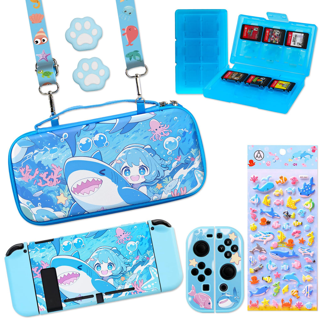 PERFECTSIGHT Switch Carrying Case for Nintendo Switch 6.2 Inch with 10 in 1 Bundle Accessories, Cute Ocean Travel Carry