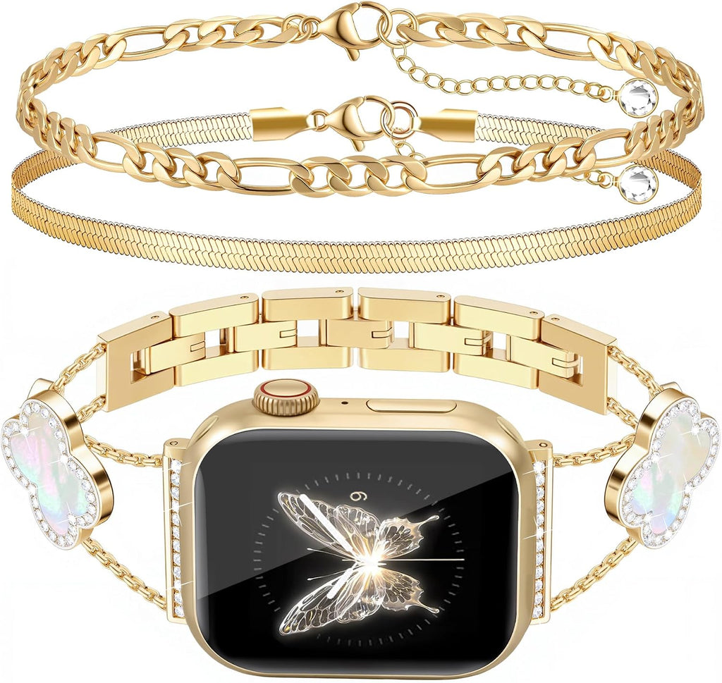 MOINSPIRE Gold Bling Diamond Clover Bands & 2Pc Bracelet Set Women Compatible with Apple Watch 40/38/41/42mm(S10/11) Spa