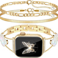 MOINSPIRE Gold Bling Diamond Clover Bands & 2Pc Bracelet Set Women Compatible with Apple Watch 40/38/41/42mm(S10/11) Spa