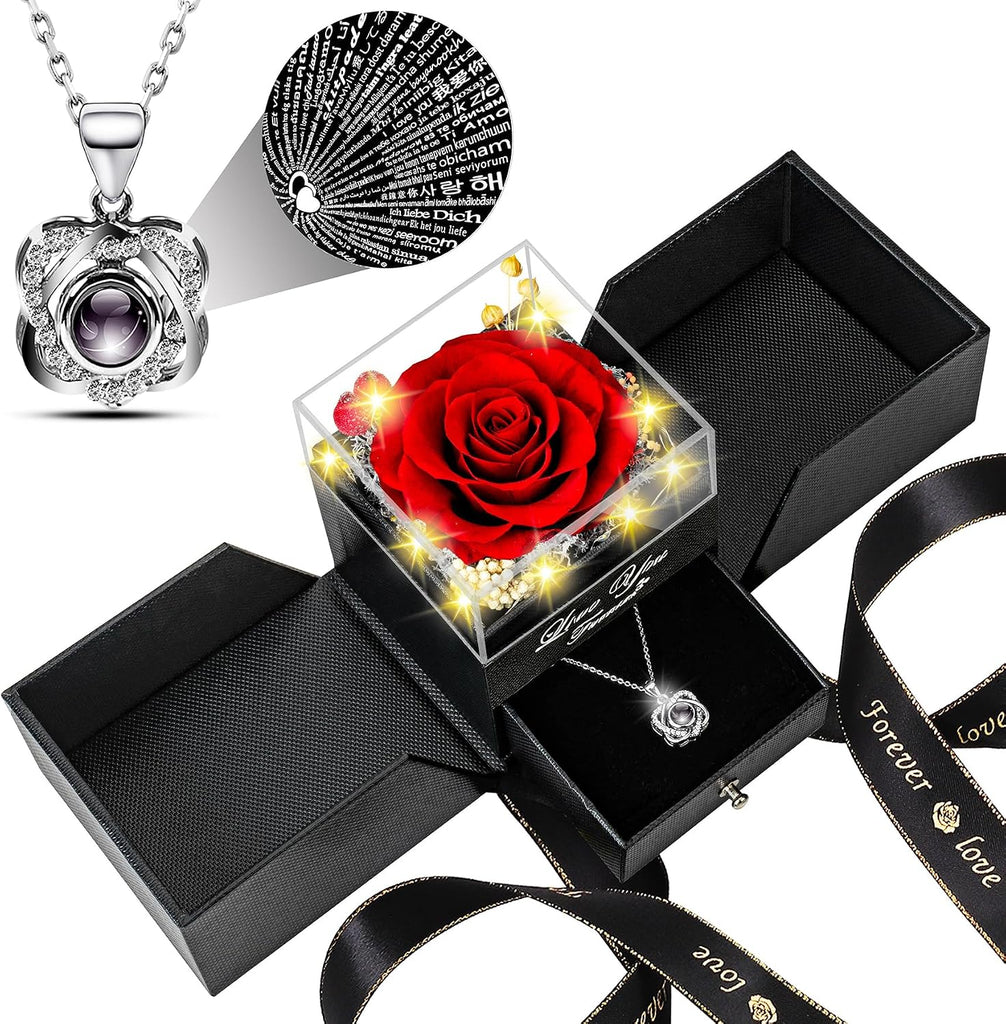 Lebana Preserved Red Real Rose with Heart I Love You Necklace -Mothers Day Gifts for Mom Her Wife Girlfriend Grandma on Valentines Mothers Day Christmas Birthday Anniversary Romantic-Red