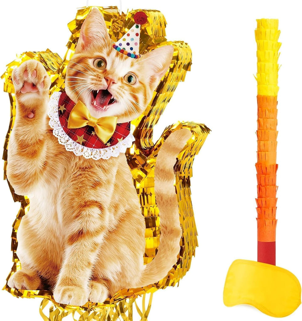WERNNSAI Cat Piñata - Orange Cat Birthday Decorations Pull String Piñata