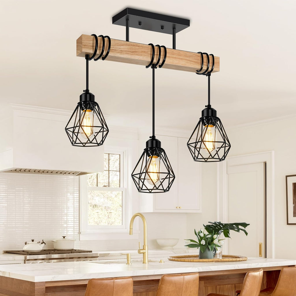 Feanron 3-Lights Farmhouse Dining Room Pendant Light Fixtures Over Table, Rustic Solid Wood Kitchen Island Lighting Hang