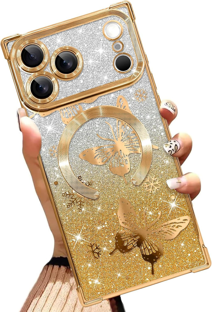 Illians Glitter Phone Case Made for iPhone 17 Pro Max, Gold Butterfly